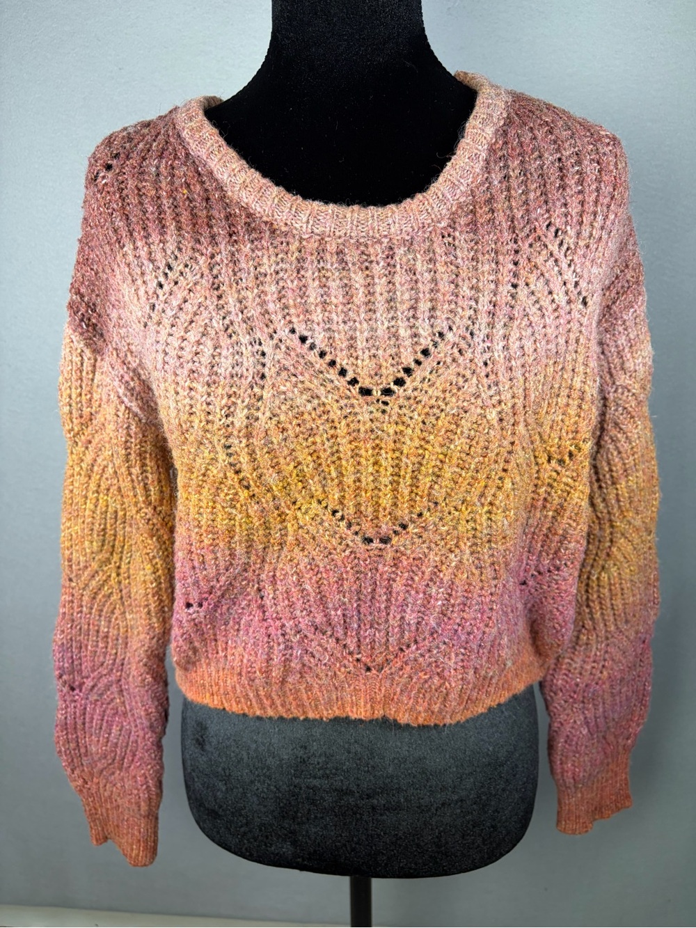Rewind Pink, Yellow & Orange Ombre Open-Knit Crewneck Sweater